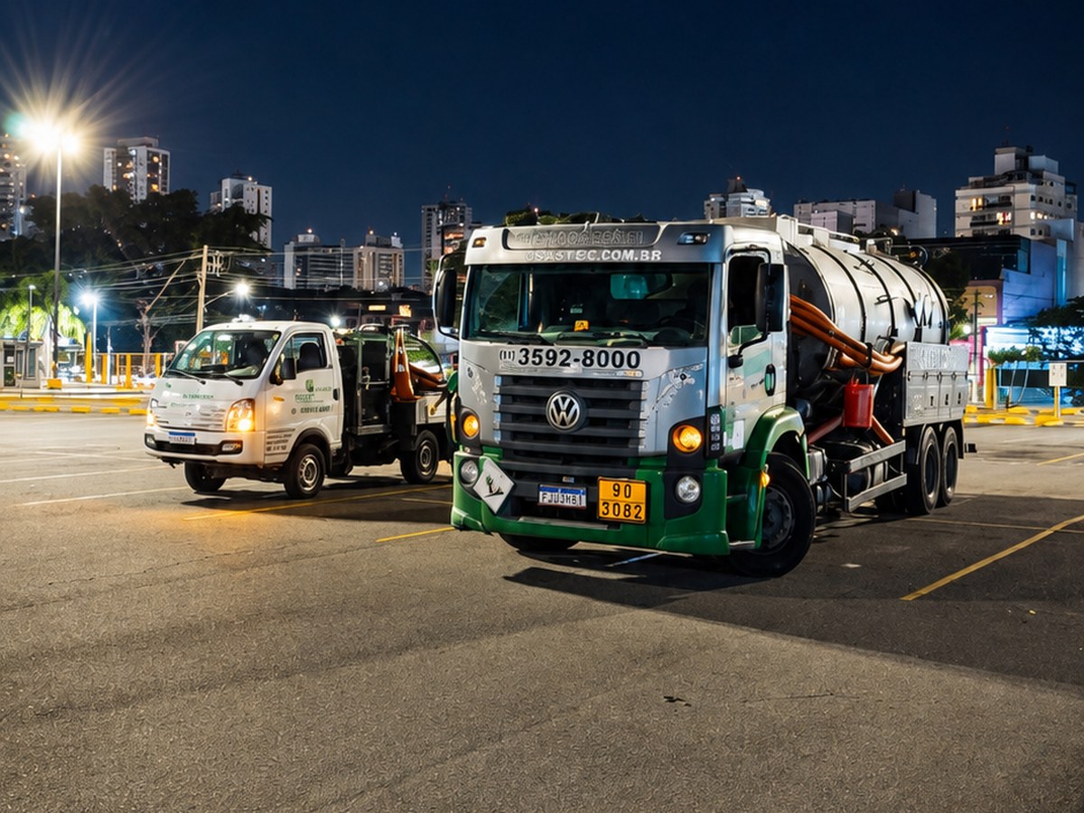 Caminhão auto vácuo e utilitário da frota OSASTEC prontos para atendimento 24h